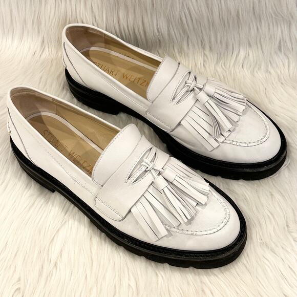 Stuart Weitzman Mila Lift Loafer Leather Tasseled Fringe Chunky Platform, White - Picture 8 of 13